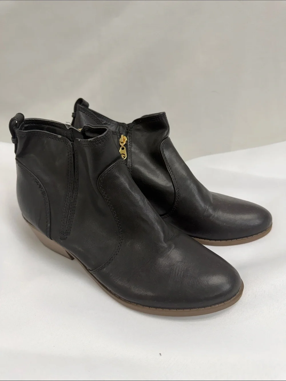 G by Guess Black Leather Ankle Booties with Gold Zip Pull